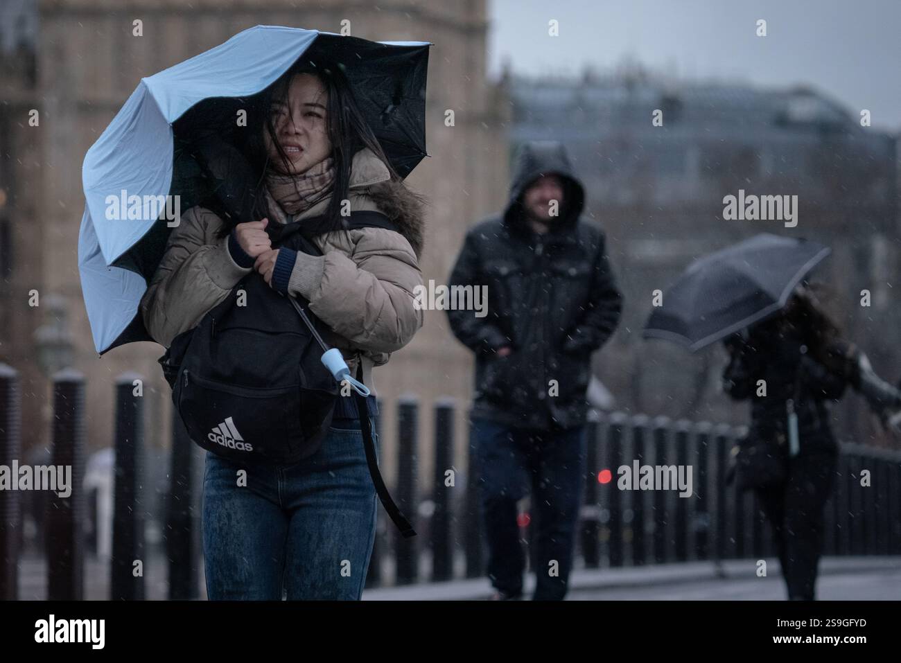 London, UK. 26th January, 2025. UK Weather: Westminster Bridge feels the effect of Storm Herminia as it hits the UK bringing fresh weather warnings with wind, rain and gusts of up to 80mph recorded. The new weather front arrived in the South West on Sunday morning and will move northwards across England and Wales, the Met Office said. Credit: Guy Corbishley/Alamy Live News Stock Photo