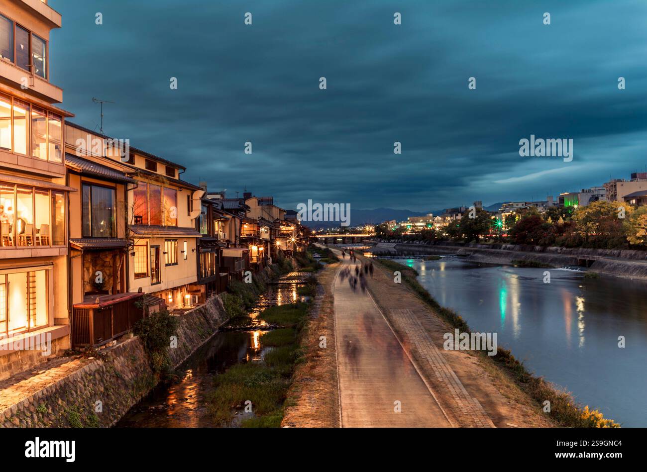 Traditional wooden houses and the reflections on the Kamo river in ...