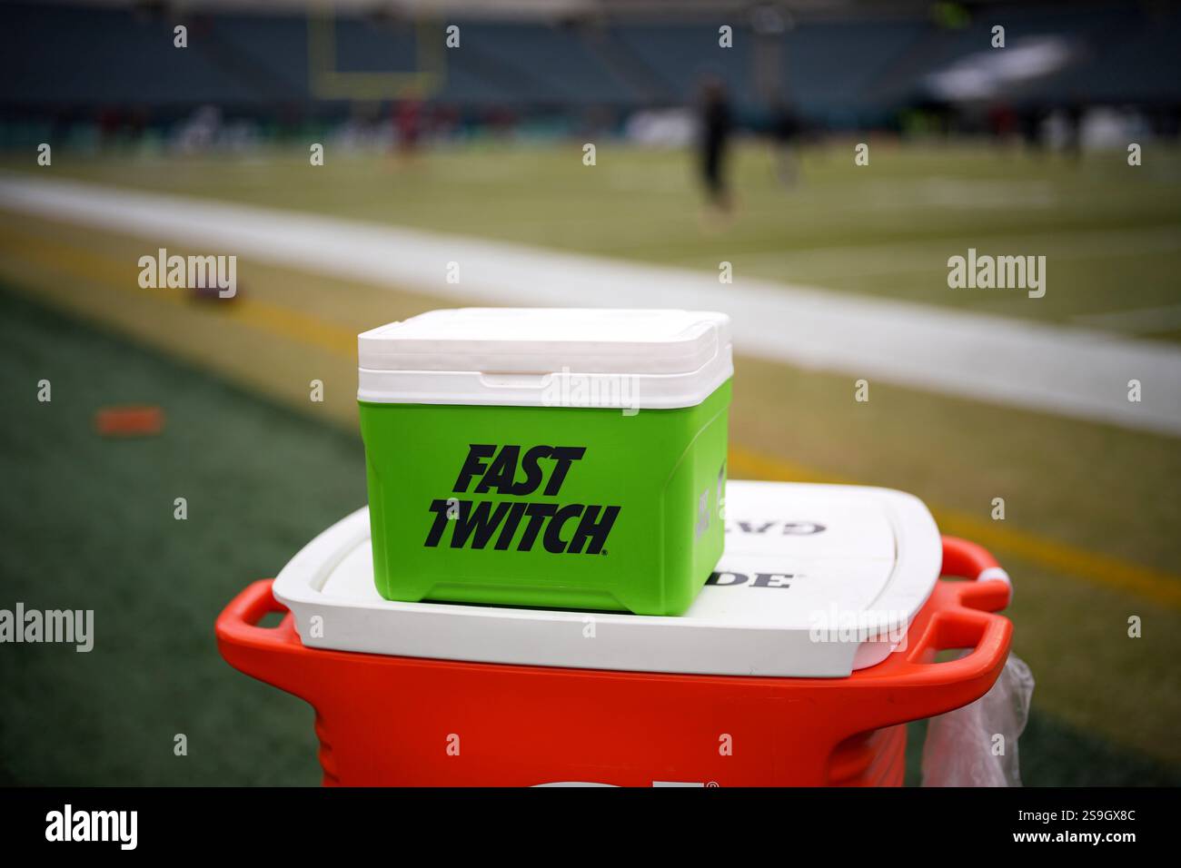 A Fast Twitch cooler is shown before the NFC Championship NFL football