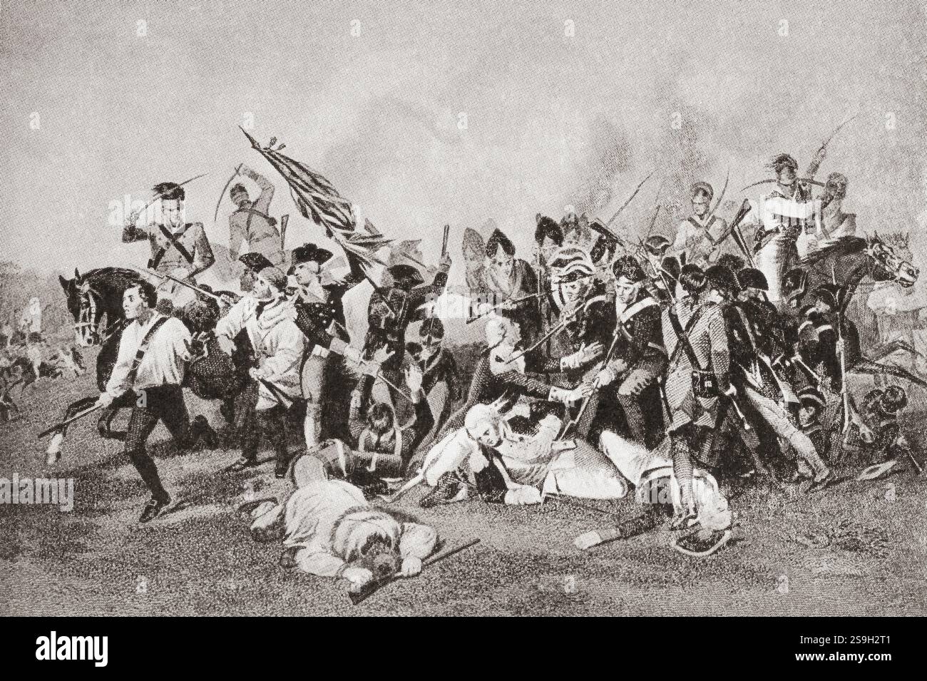 The death of Johann de Kalb, 1780, at the Battle of Camden during the American Revolutionary War. Johann von Robais, Baron de Kalb, 1721 – 1780, born Johann Kalb.  Bavarian-French military officer and major-general in the Continental Army during the American Revolutionary War. Stock Photo