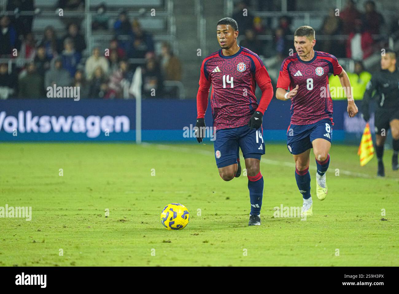 Orlando, Florida, January 22, 2025,  Costa Rica forward Erson Josimar Méndez James #14 runs up field in a Friendly Match at Exploria Stadium.  (Photo Credit:  Marty Jean-Louis) Stock Photo