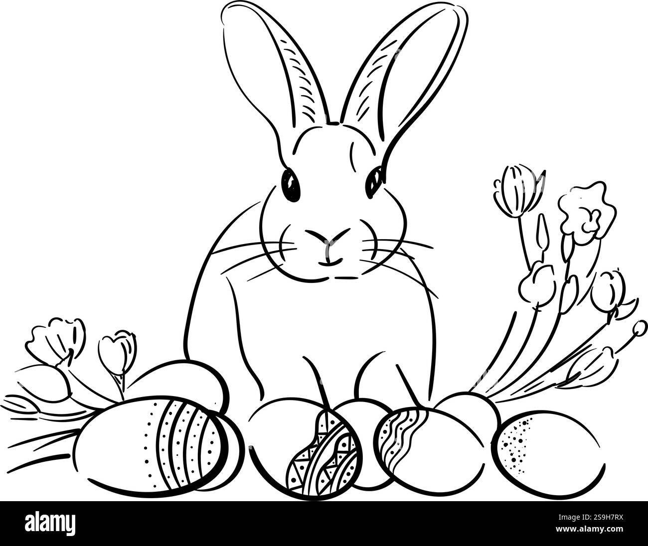 Easter bunny and eggs, line drawing. Easter illustration with a bunny ...