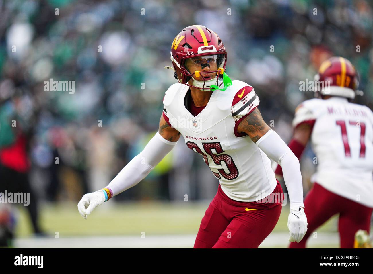 Washington Commanders cornerback Benjamin St-Juste warms up before the ...