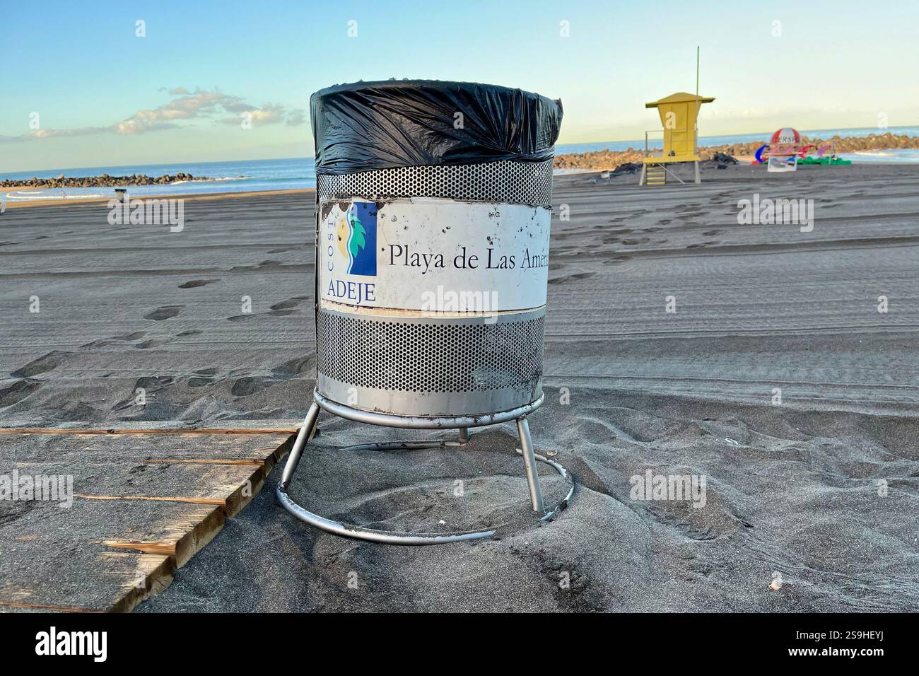 Metal Bin on Troya Beach where Costa Adeje and Playa de las Américas meet. Tenerife, Canary Islands, Spain. 14th January 2025. - Smartphone Captured Stock Image