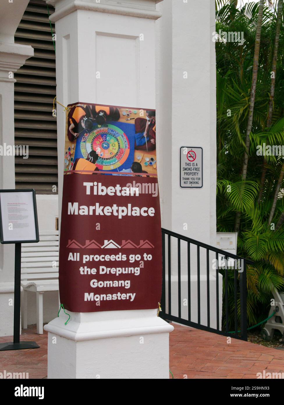ST PAUL'S EPISCOPAL CHURCH outside view sign for Tibetan Marketplace  by The monks from the Drepung Gomang monastery Sacred Art of Sand Mandala constr Stock Photo