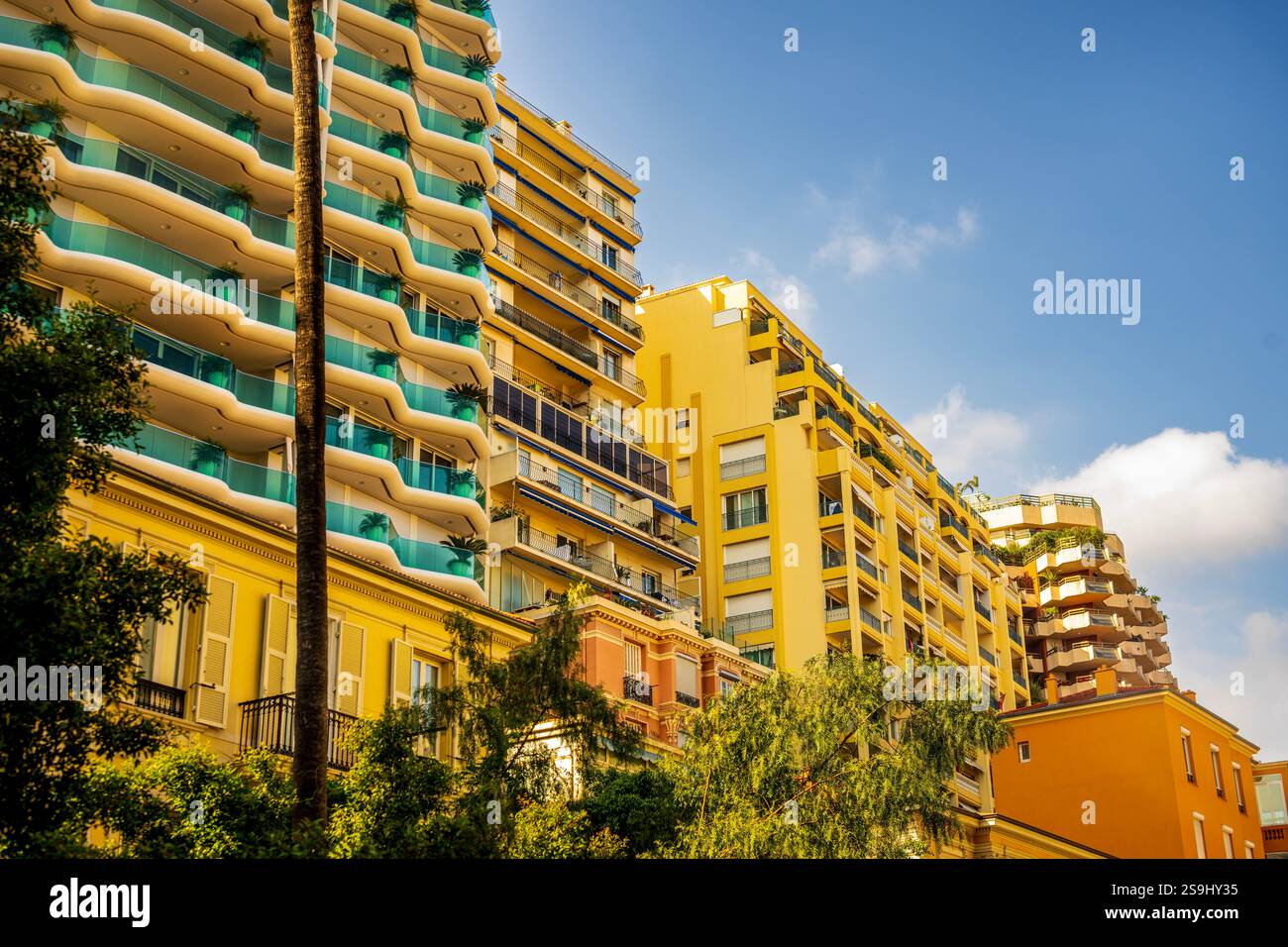 House facades of luxury apartment buildings in Monte Carlo, Monaco ...