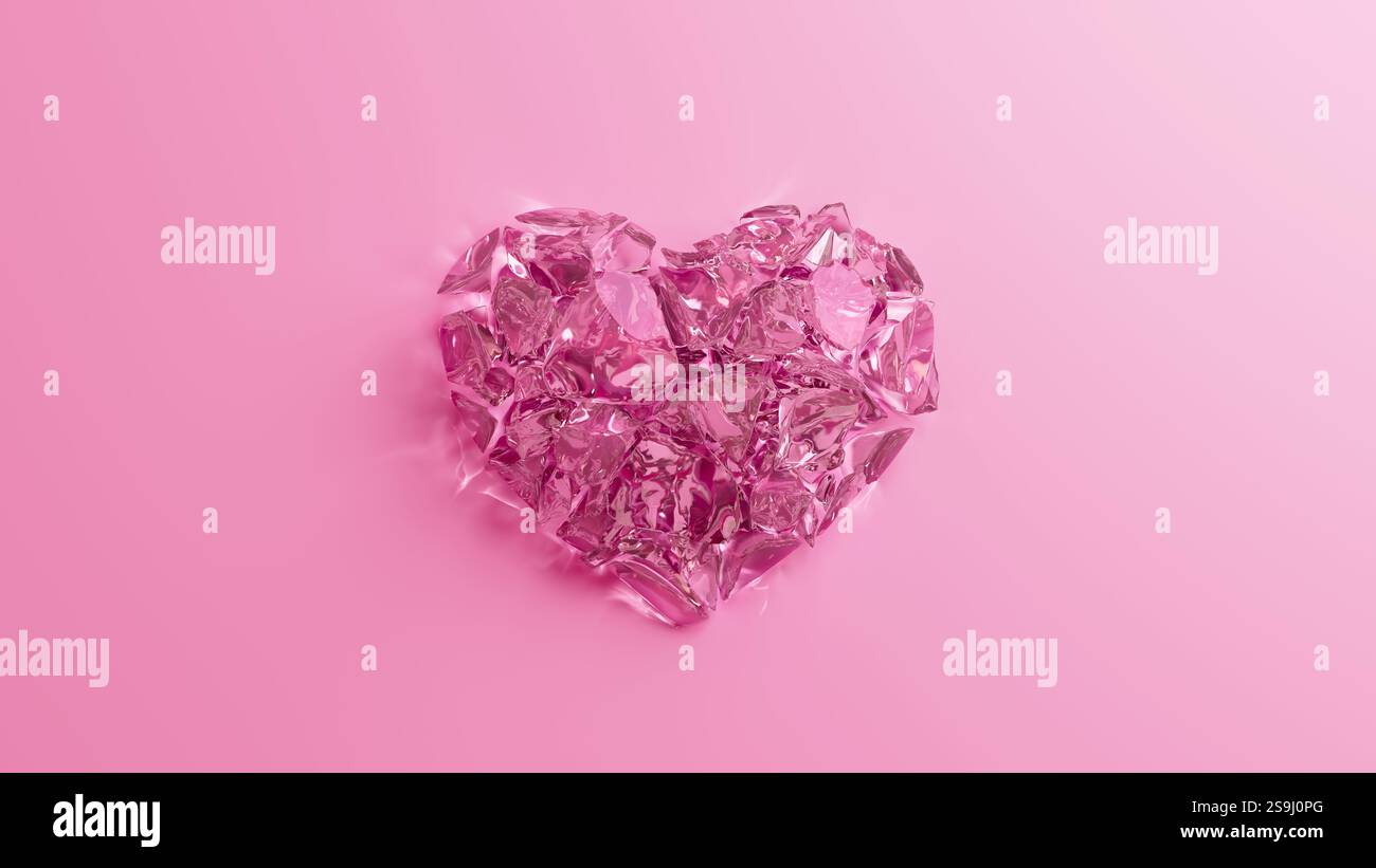 A pink shuttered glass heart on a pink background. Cracked glass as ...