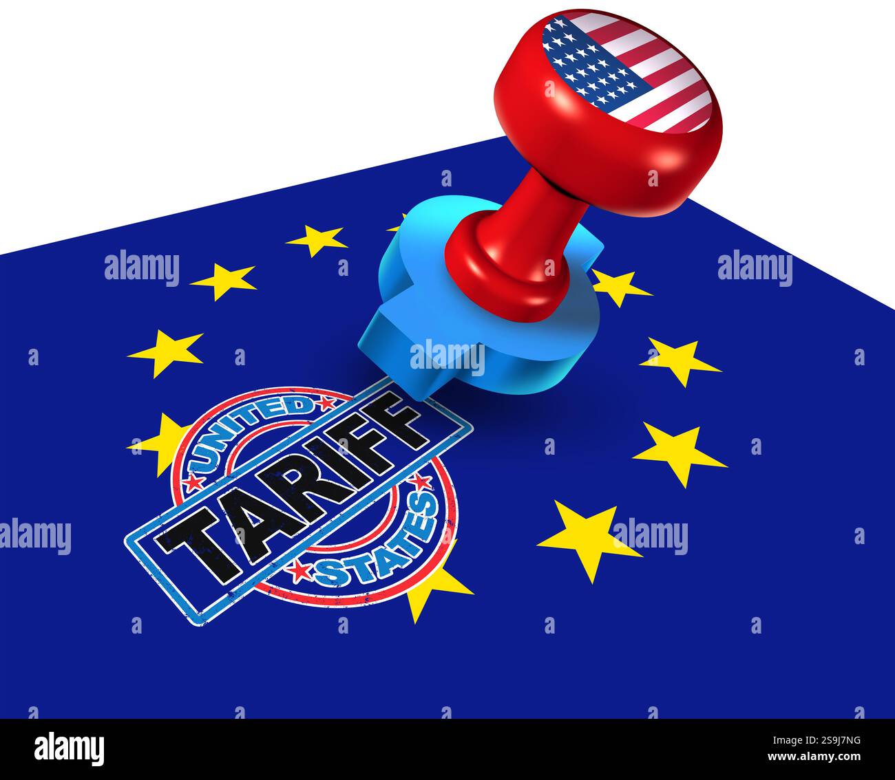 European United States tariff as EU tariffs as a taxation excise tax stamp as an economic trade dispute over import and exports. Stock Photo