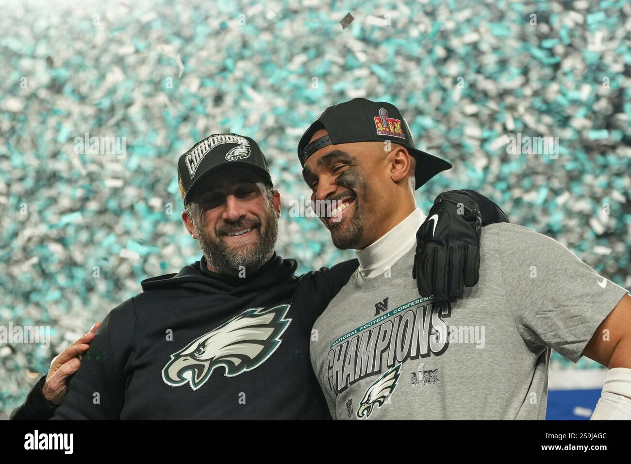Philadelphia Eagles coach Nick Sirianni, left, quarterback Jalen Hurts ...