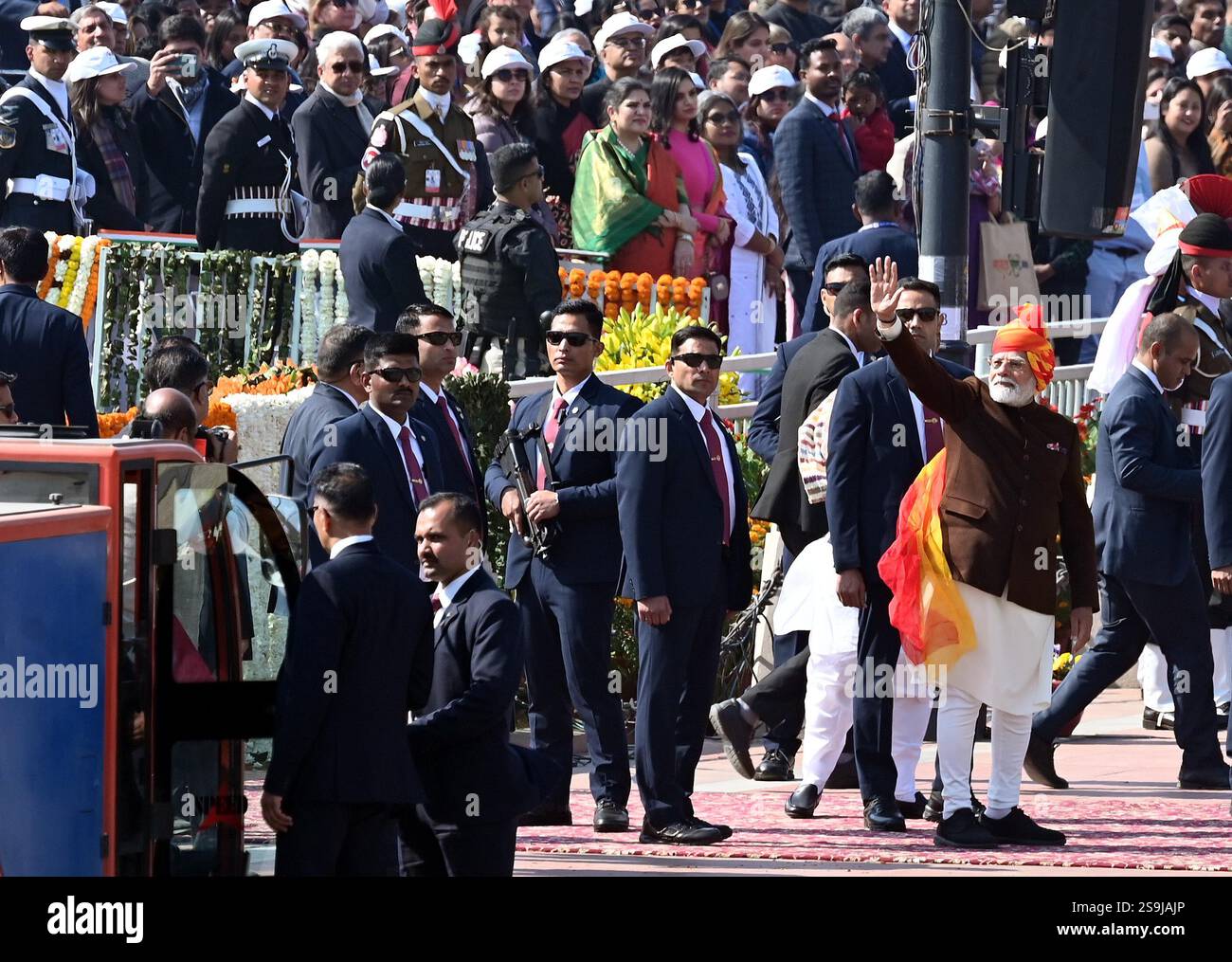 NEW DELHI, INDIA - JANUARY 26: Prime Minister Narendra Modi waves to ...