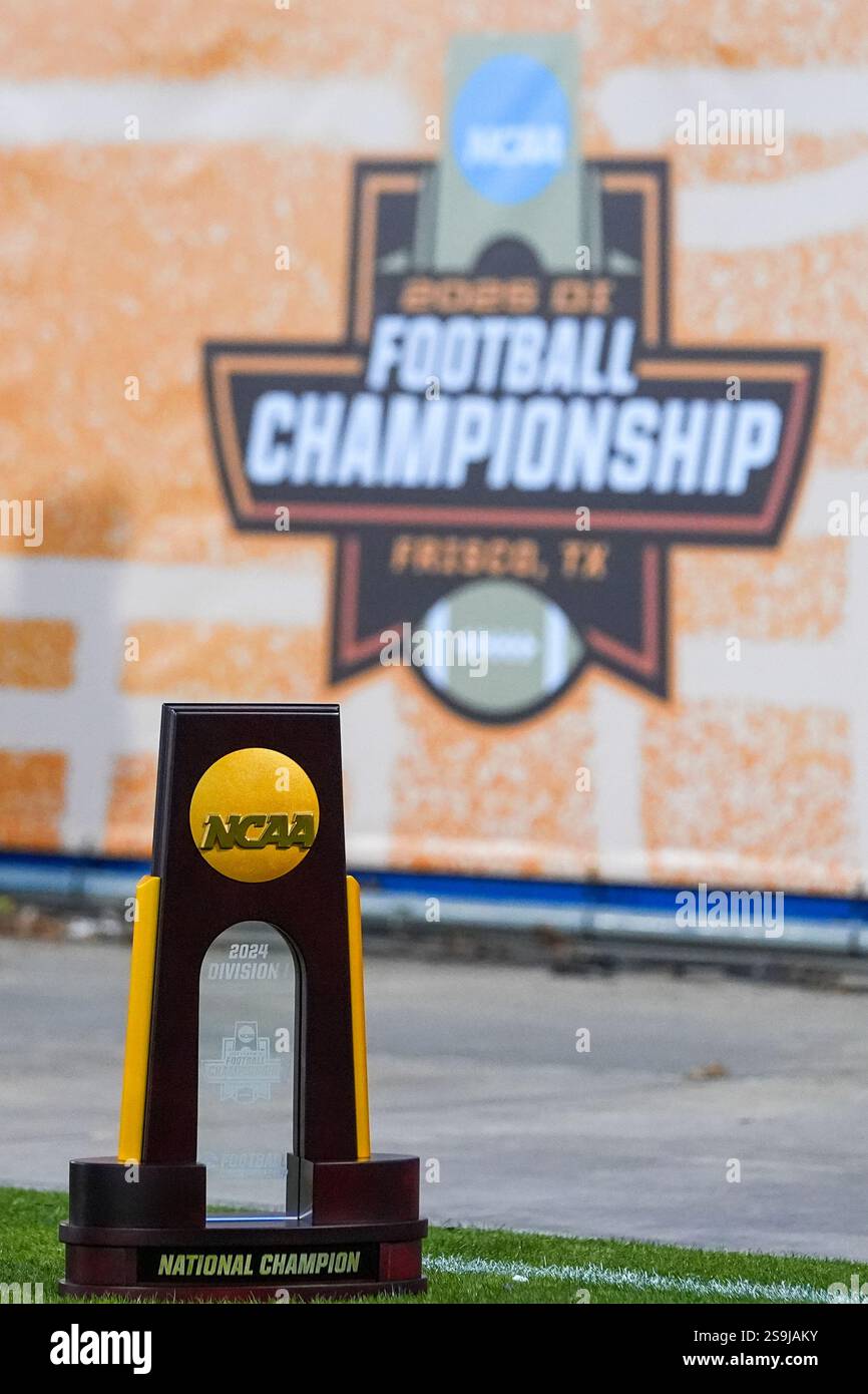 The FCS Championship trophy is seen prior to an NCAA college football