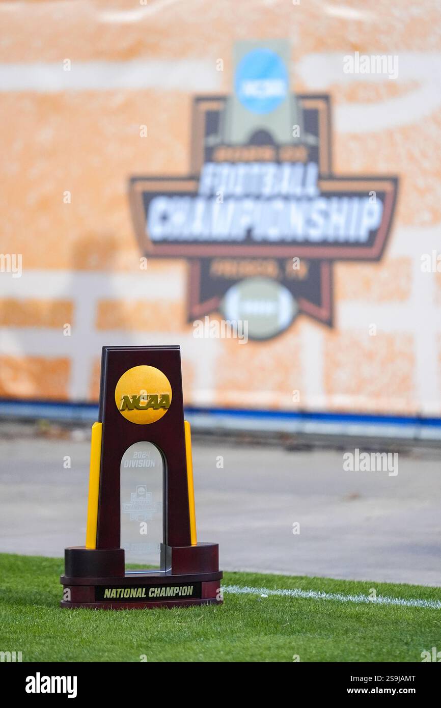 The FCS Championship trophy is seen prior to an NCAA college football