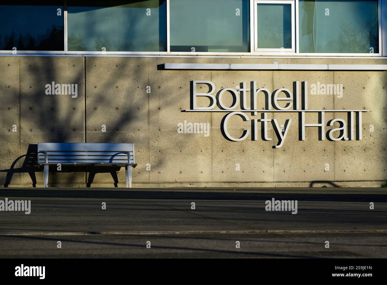 Bothell, WA, USA - January 26, 2025; Sign and bench at Bothell City Hall in King County Washington Stock Photo