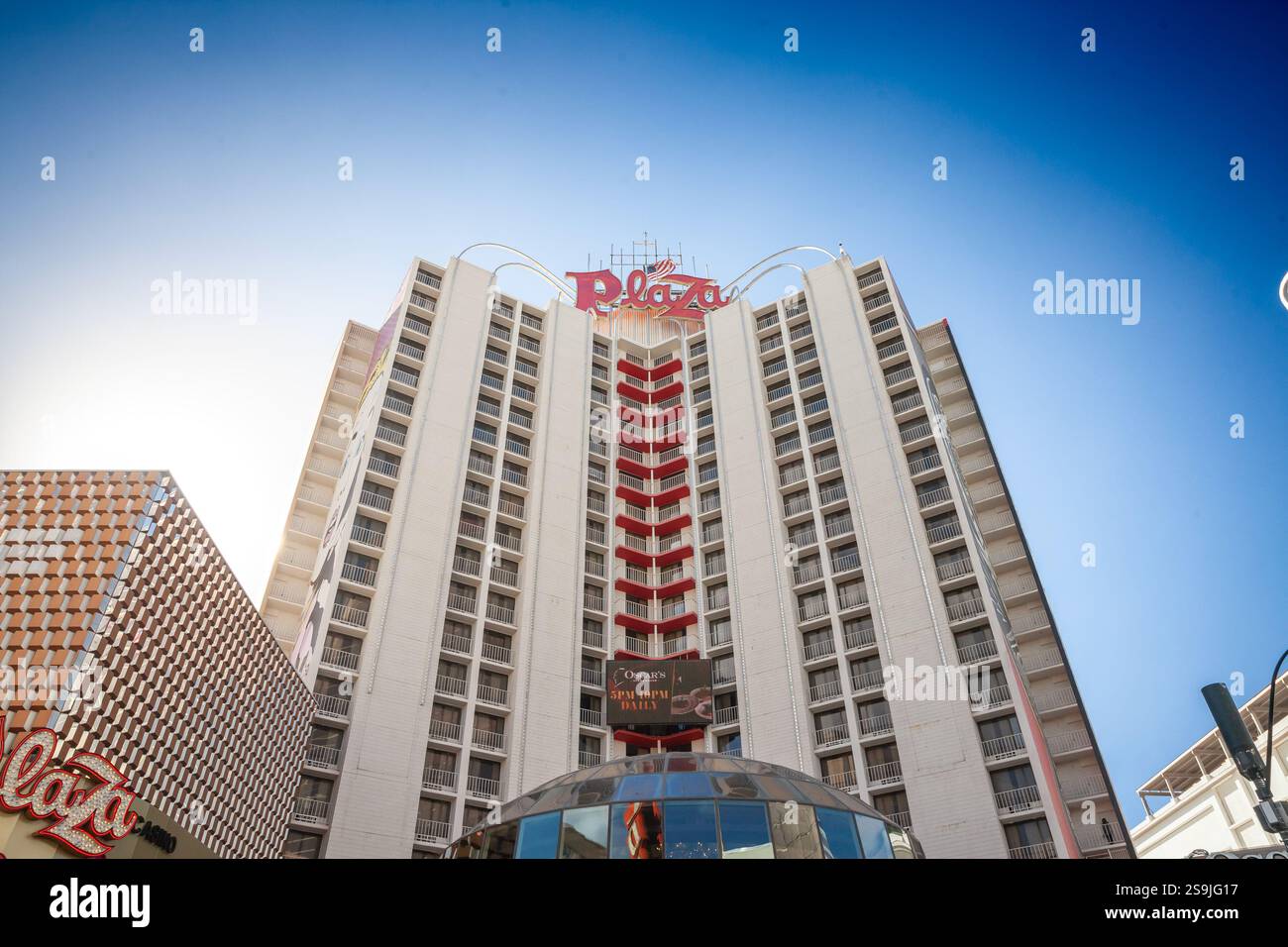 LAS VEGAS, AUGUST 21, 2024: Plaza Hotel & Casino’s main facade rises above downtown Las Vegas. It's an old resort, casino and hotel in downtown las ve Stock Photo