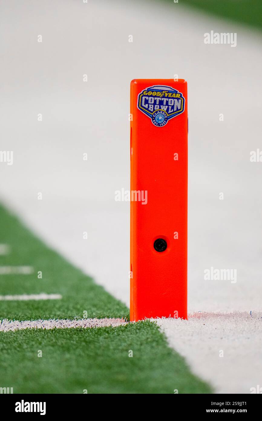 An end zone pylon is seen during the Cotton Bowl College Football