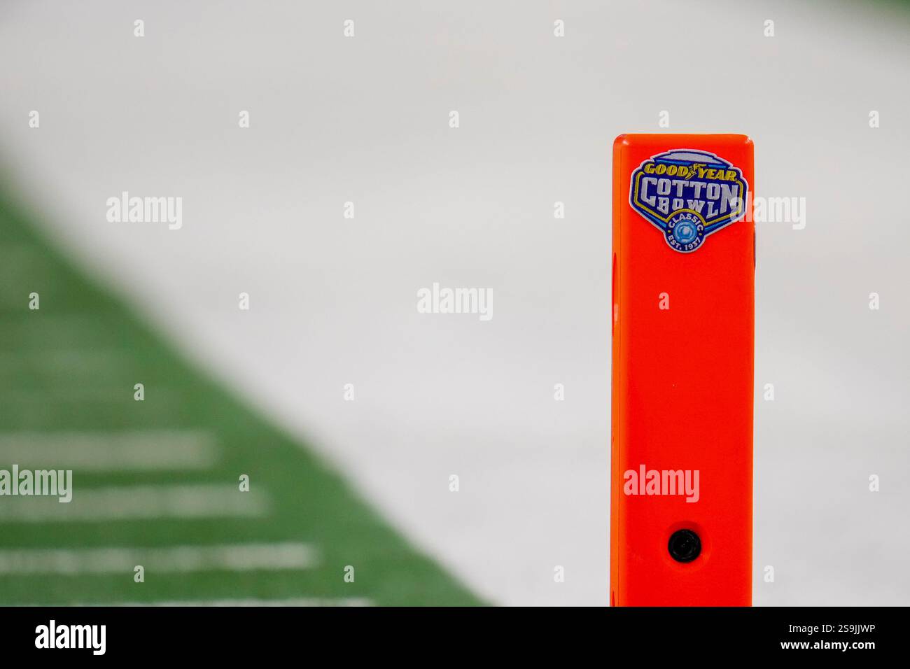 An end zone pylon is seen during the Cotton Bowl College Football
