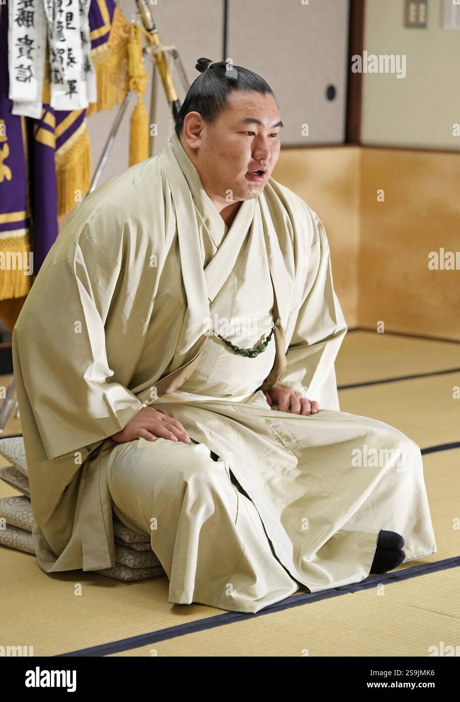 Ozeki Hoshoryu holds a press conference at his stable in Tokyo on Jan