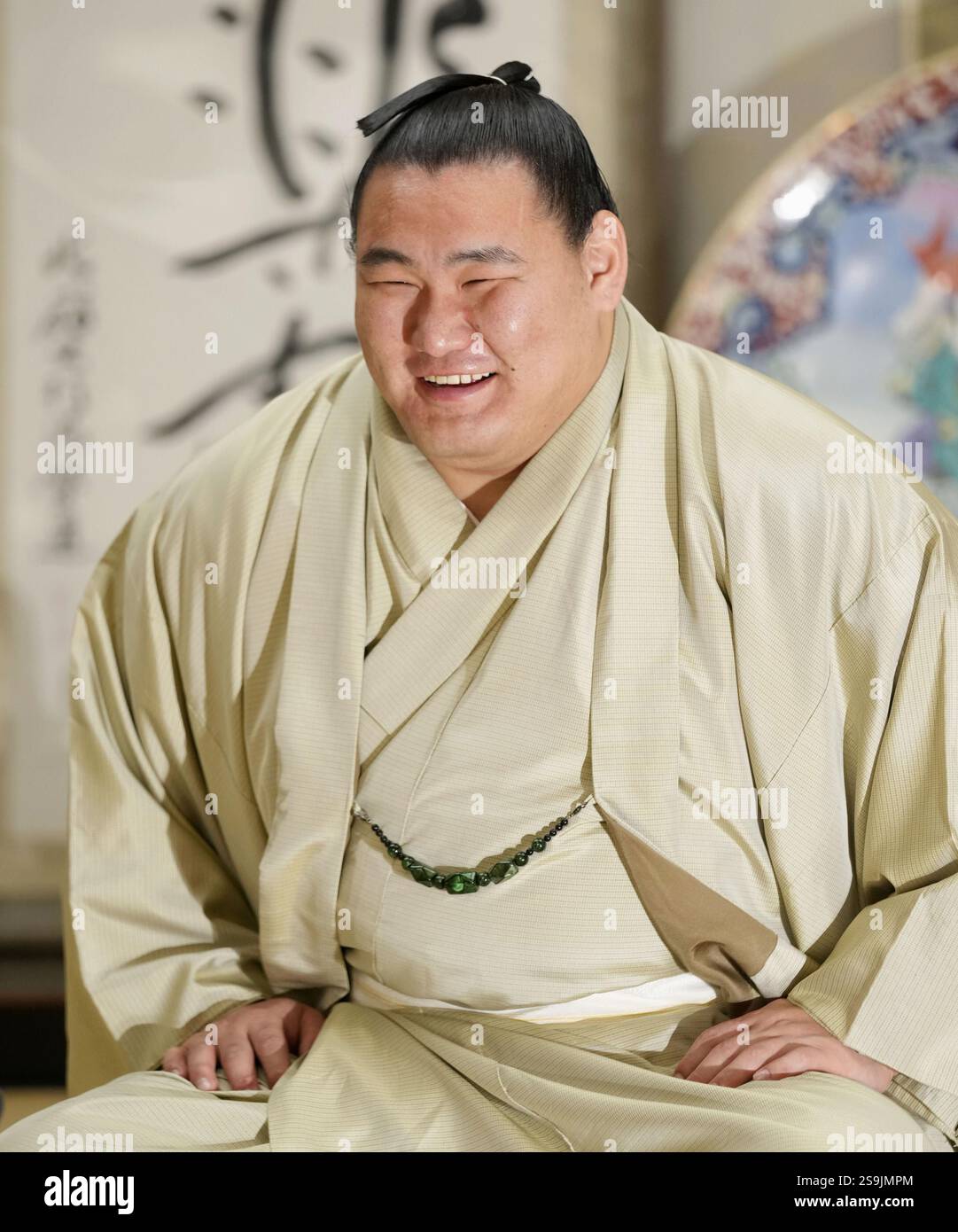 Ozeki Hoshoryu holds a press conference at his stable in Tokyo on Jan