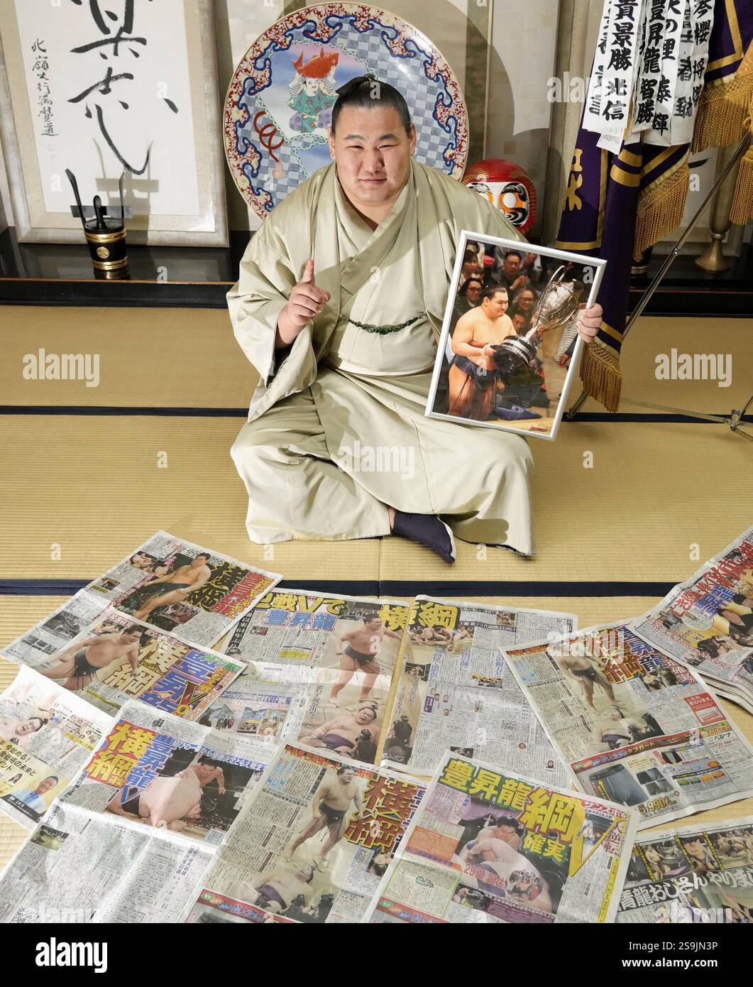 Ozeki Hoshoryu poses at his stable in Tokyo on Jan. 27, 2025, a day