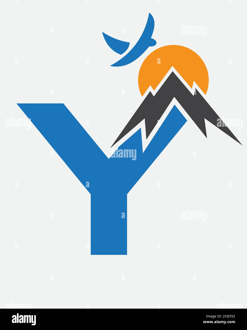 Initial Monogram Letter Y Vacation Logo Concept With Mount, Sun and Bird Symbol. Travel Logotype Stock Vector