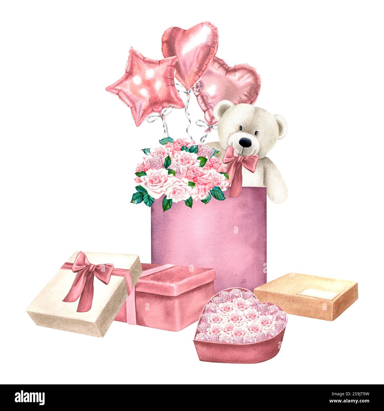Teddy bear sitting in the gift box with rose flowers, balloons and ...