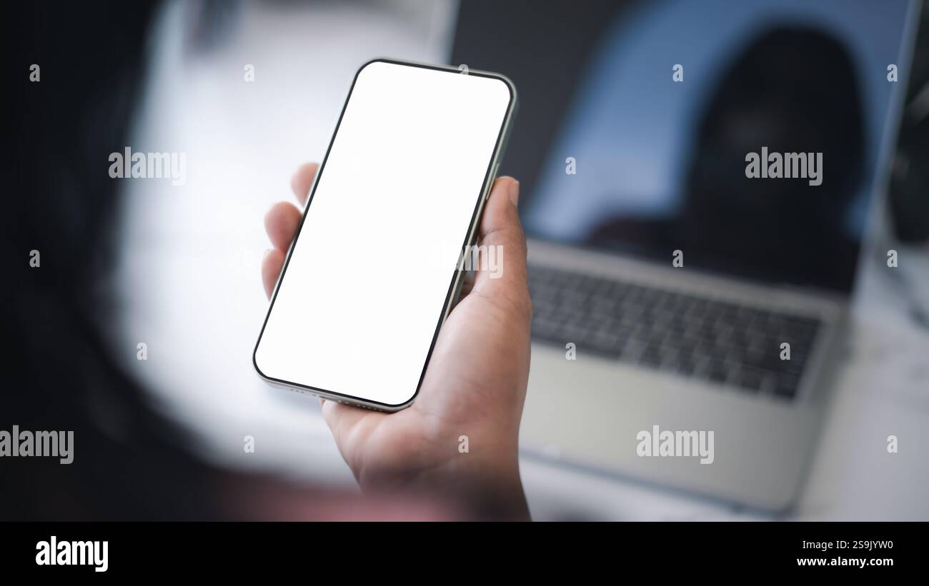 Cell phone white screen mockup, Human hand holding mobile phone with ...