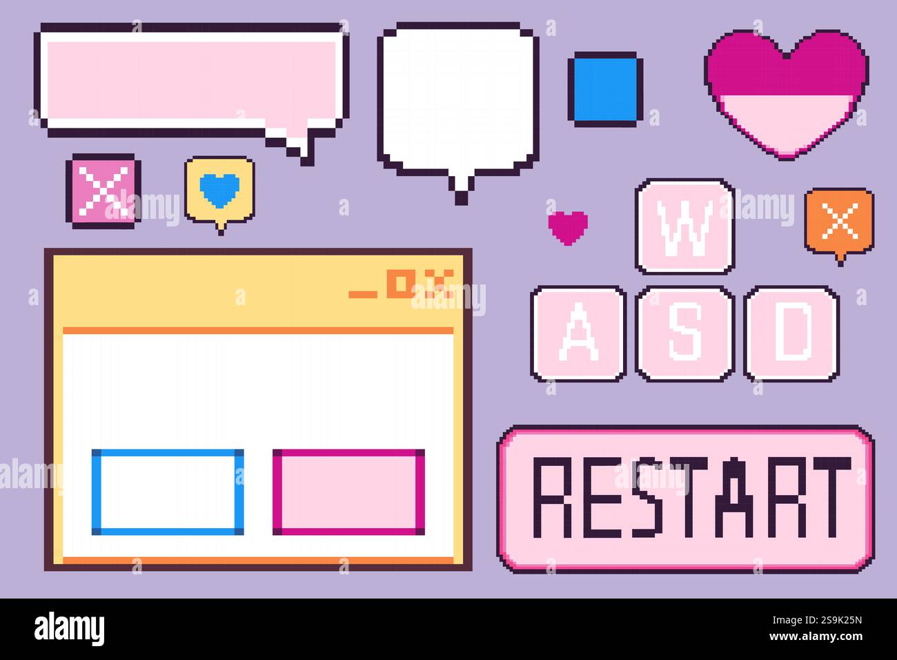 Retro software user interface elements set isolated on background. Vector illustration of blank y2k messenger window, empty speech bubble, pixel heart Stock Vector