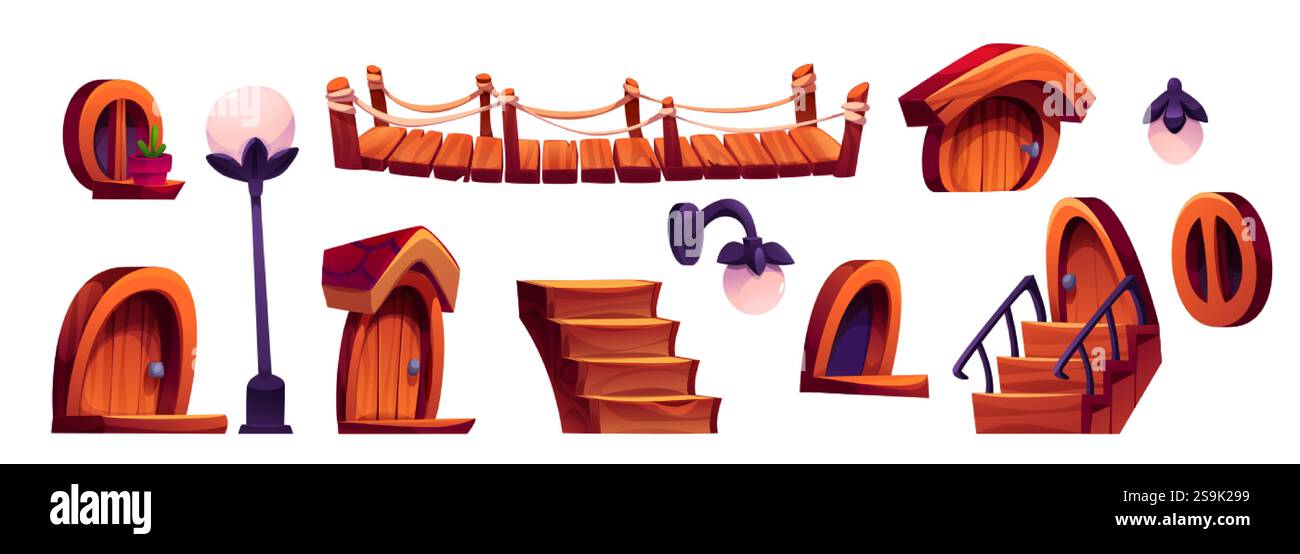 Wooden house elements set with brown doors, bridge construction with ...