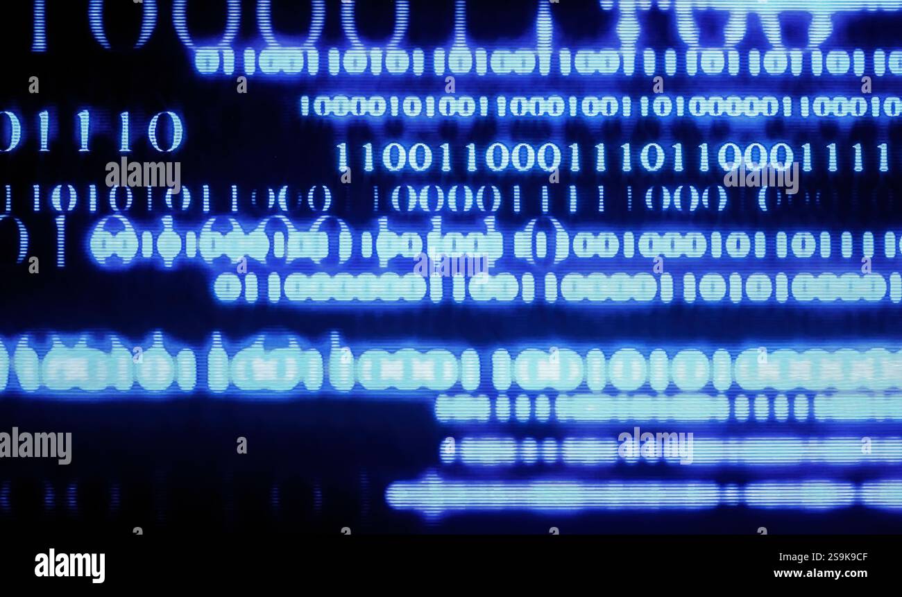abstract background of computer code, white numbers on dark blue backdrop, softly glowing gradient effect Stock Photo