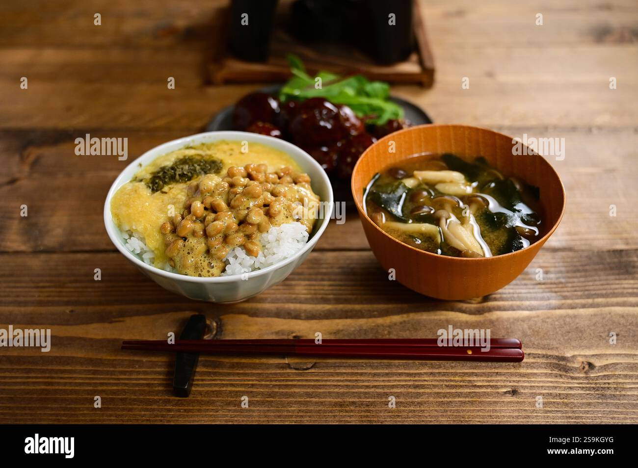 Tororo Rice Tororo natto rice with meatballs Stock Photo - Alamy