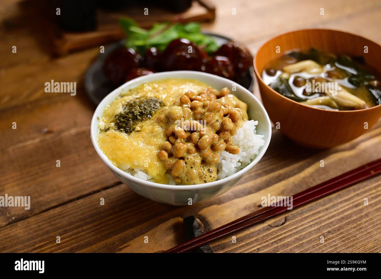 Tororo Rice Tororo natto rice with meatballs Stock Photo - Alamy
