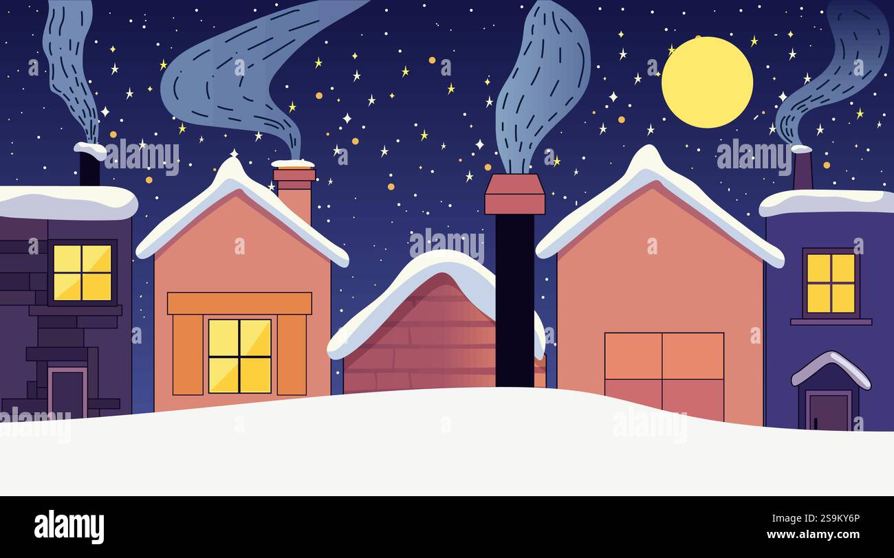 Winter night village scene with snowy rooftops and chimneys emitting ...