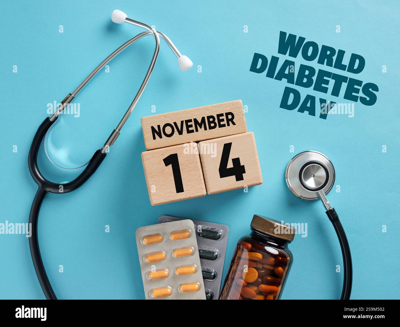 Celebrating world diabetes day on november 14th with medical tools, emphasizing awareness and healthcare for diabetes management Stock Photo