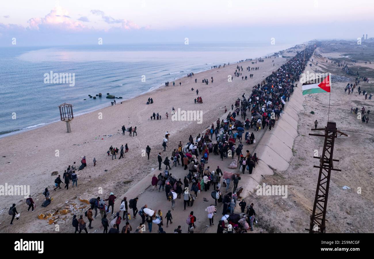 An aerial photograph taken by a drone shows displaced Palestinians ...