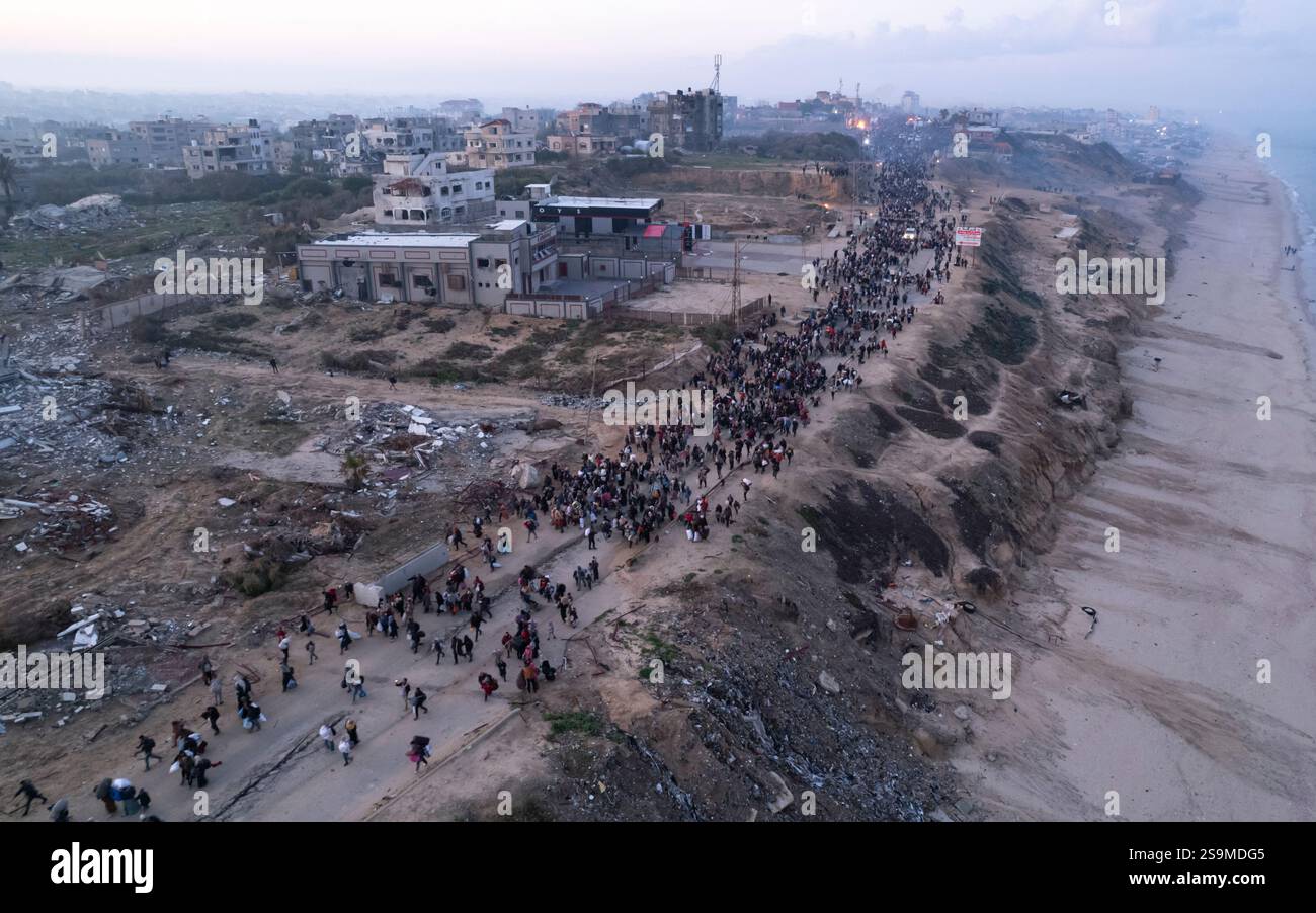 An aerial photograph taken by a drone shows displaced Palestinians ...