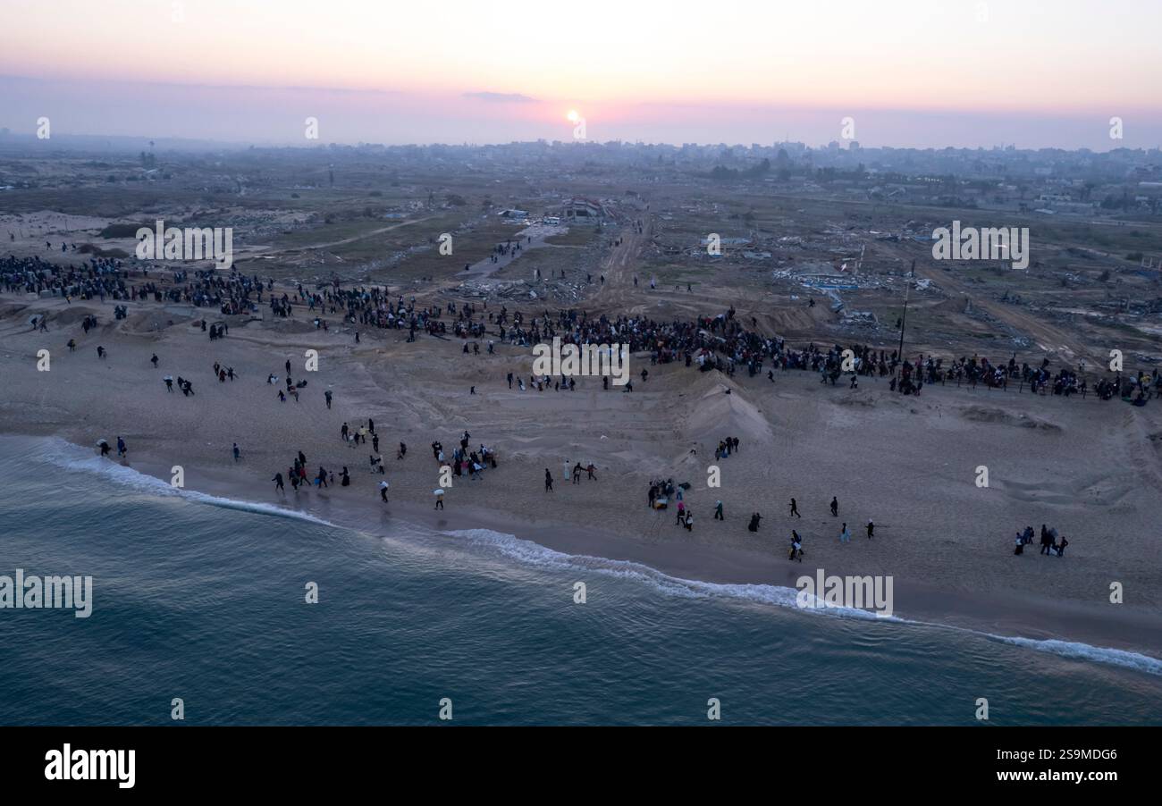 An aerial photograph taken by a drone shows displaced Palestinians ...
