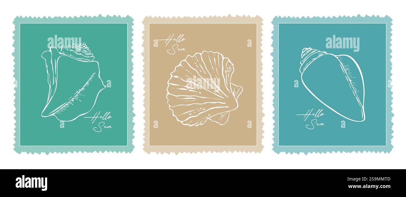 Hello Sea set of seashells drawn on stamps, summer vacation, sea ...