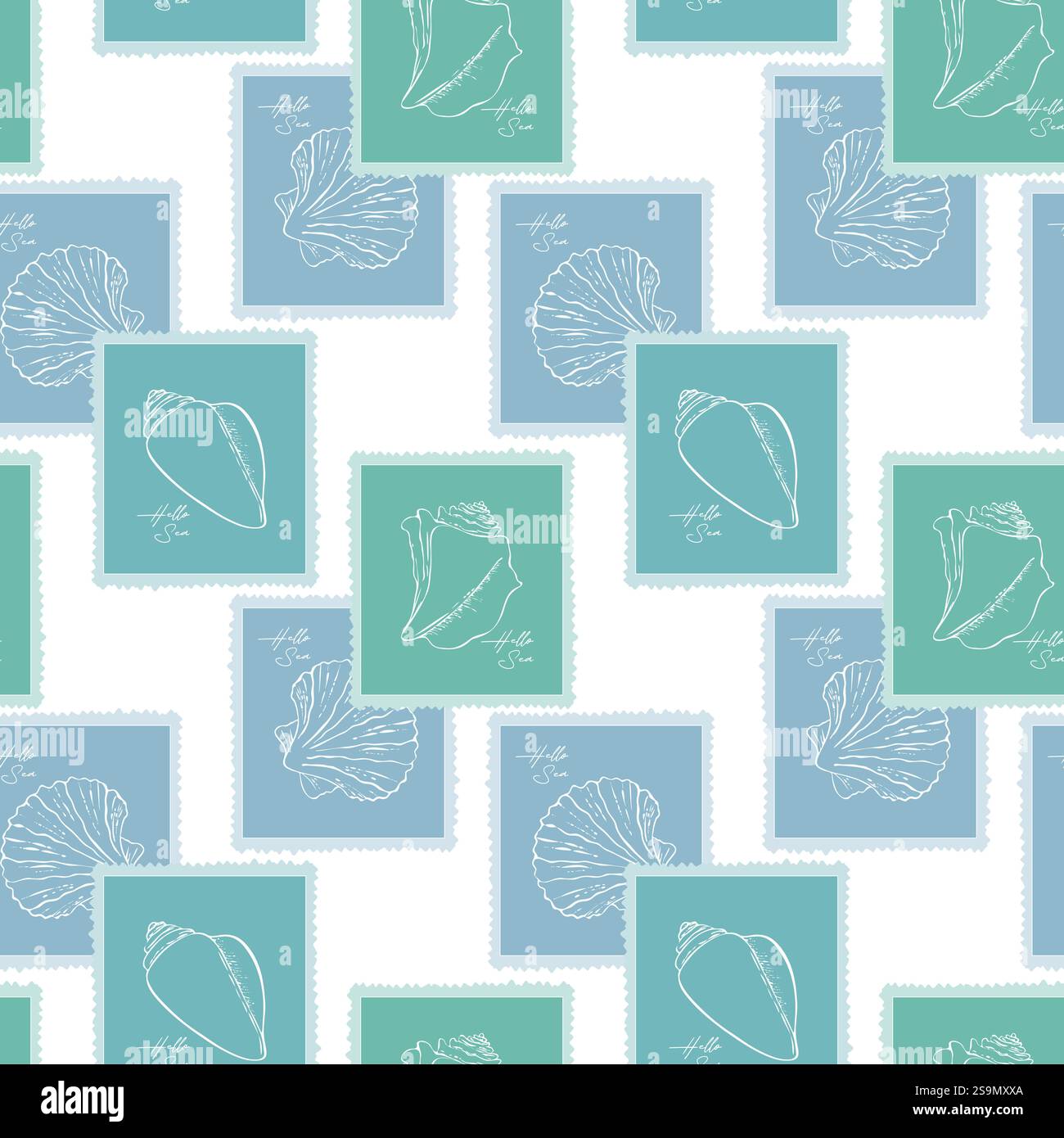 Seashell sea pattern drawn on stamps, summer sea holidays, in blue and ...