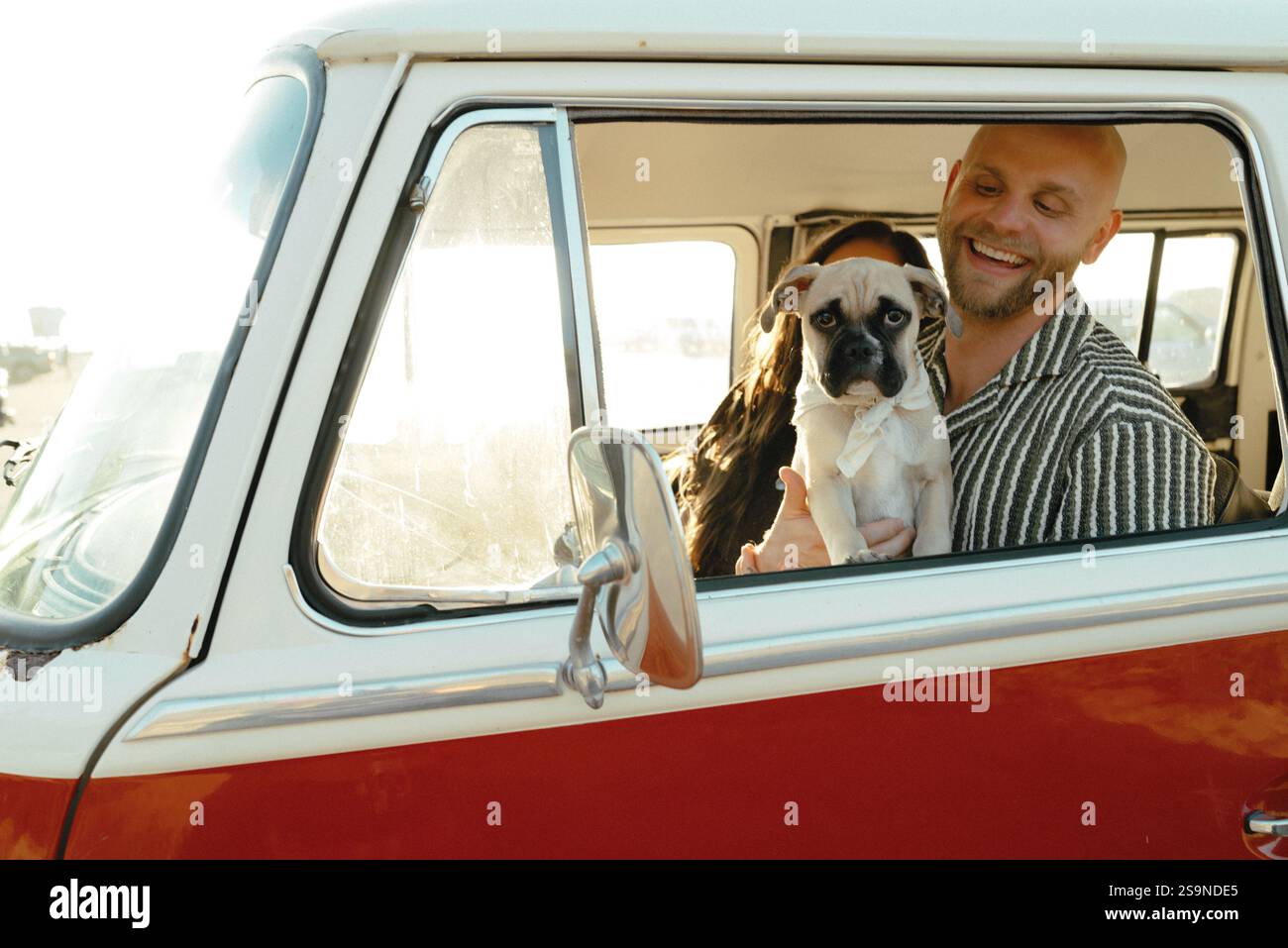 Puppy passenger enjoying golden hour vibes with their happy humans Stock Photo