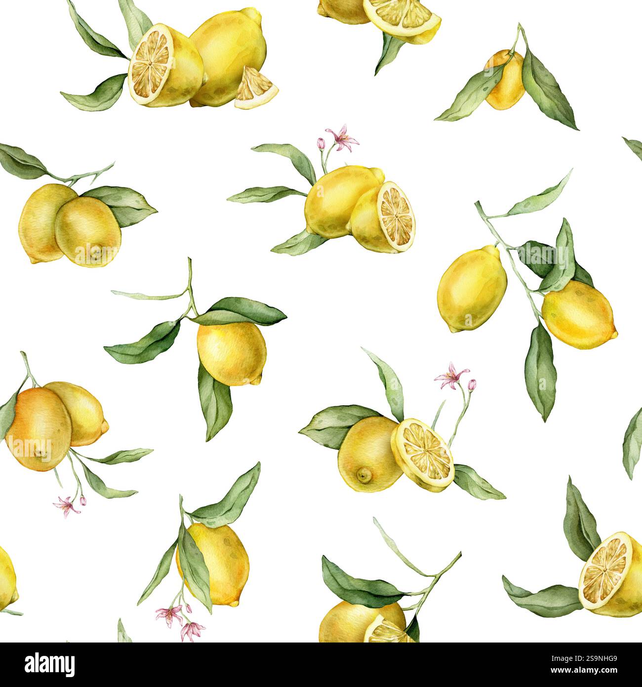 Watercolor seamless Pattern with illustration of whole and half Lemons ...