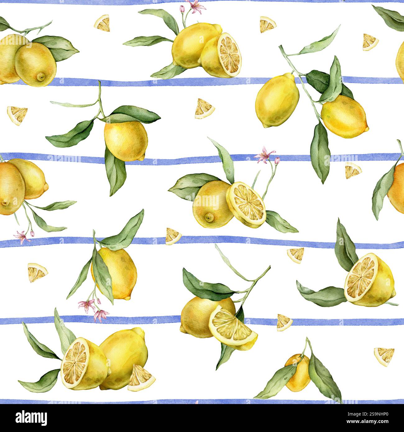 Watercolor seamless Pattern with illustration of whole and half Lemons ...