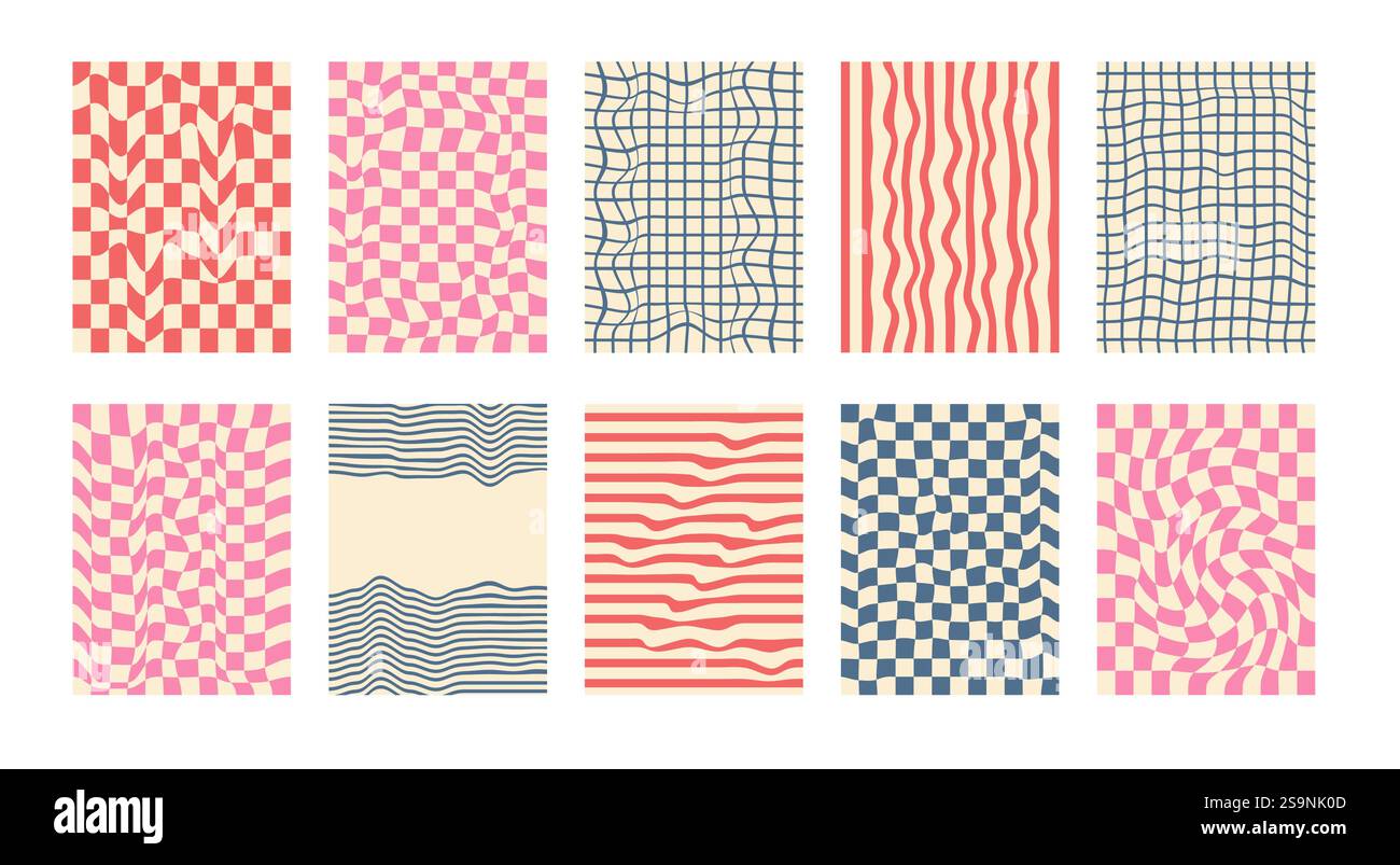 Groovy checkerboard pattern set. Psychedelic checker background pack. Trippy y2k retro vertical textures. Funky abstract poster design templates. Vect Stock Vector