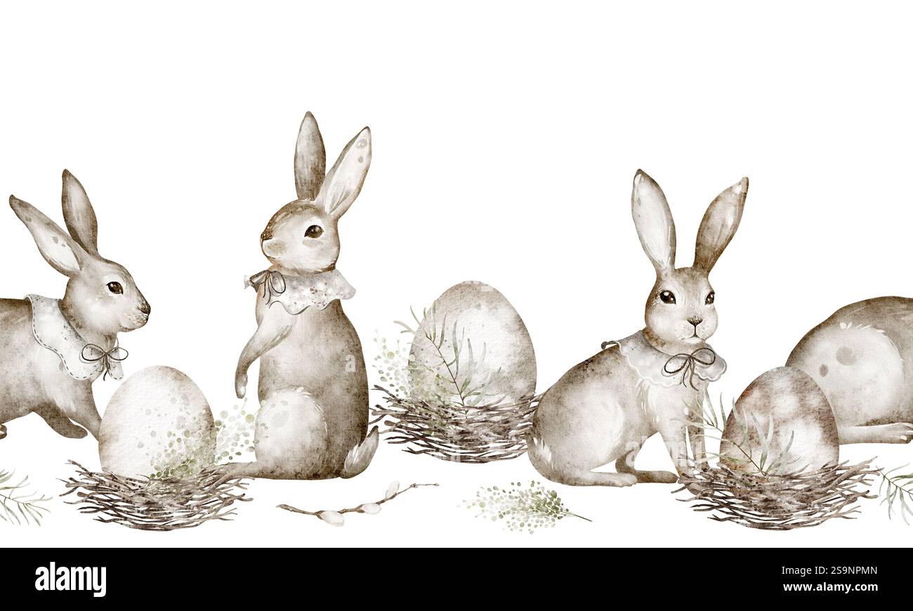 Watercolor seamless Border featuring cute bunnies and Easter rabbits ...
