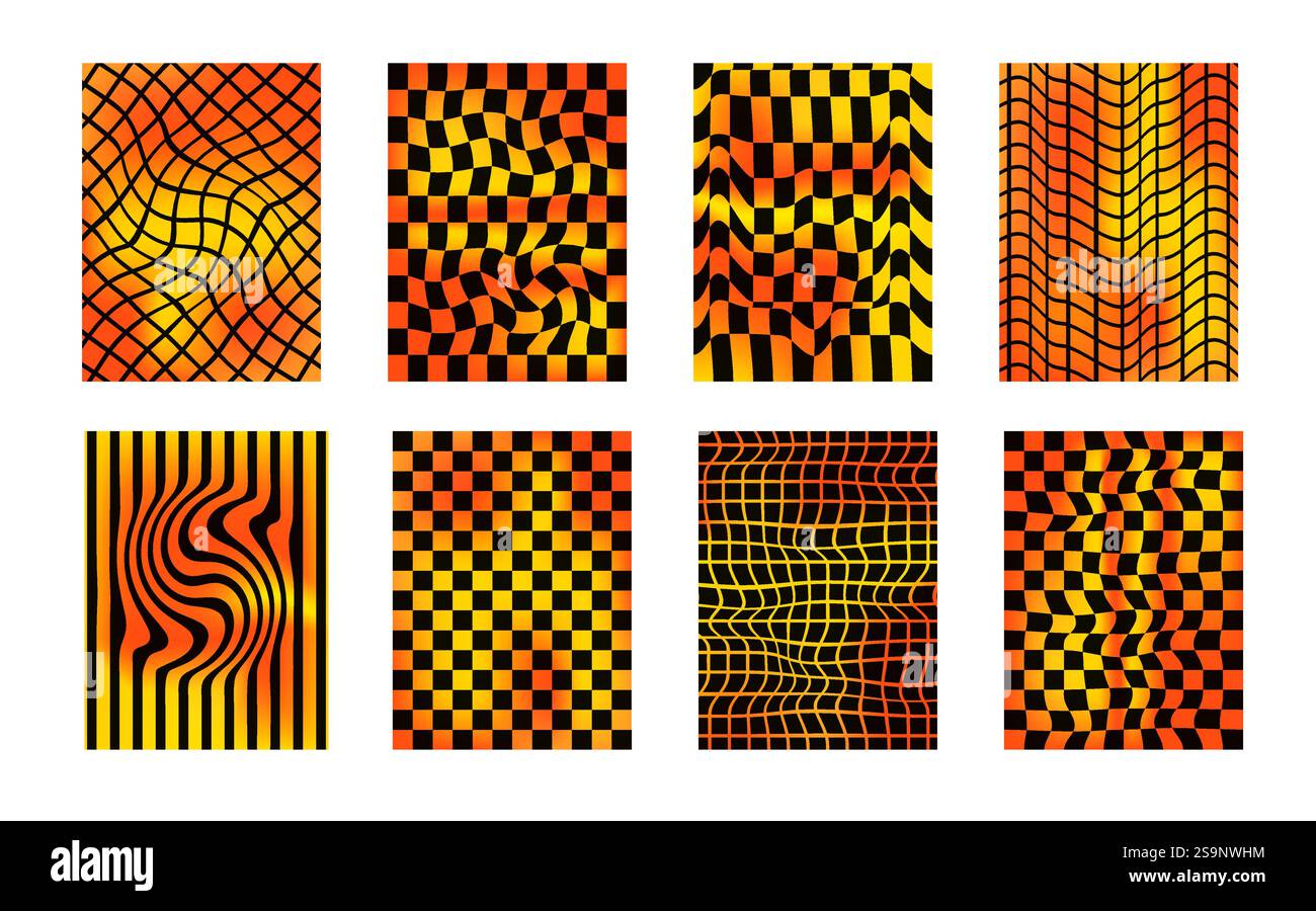 Checkerboard neon background set. Psychedelic checker gradient posters templates. Surreal chessboard with distorted grid and stripes. Y2k brutal textu Stock Vector