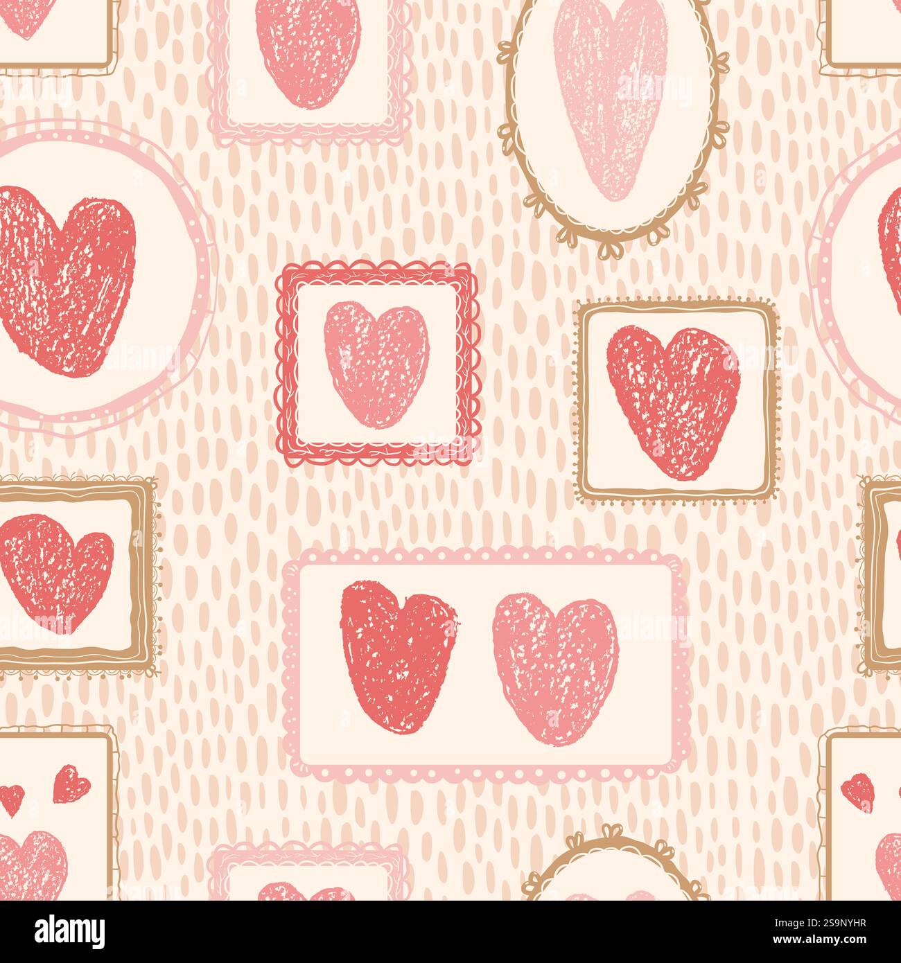 Valentines day vintage seamless pattern. Hearts crayon drawn geometric ...