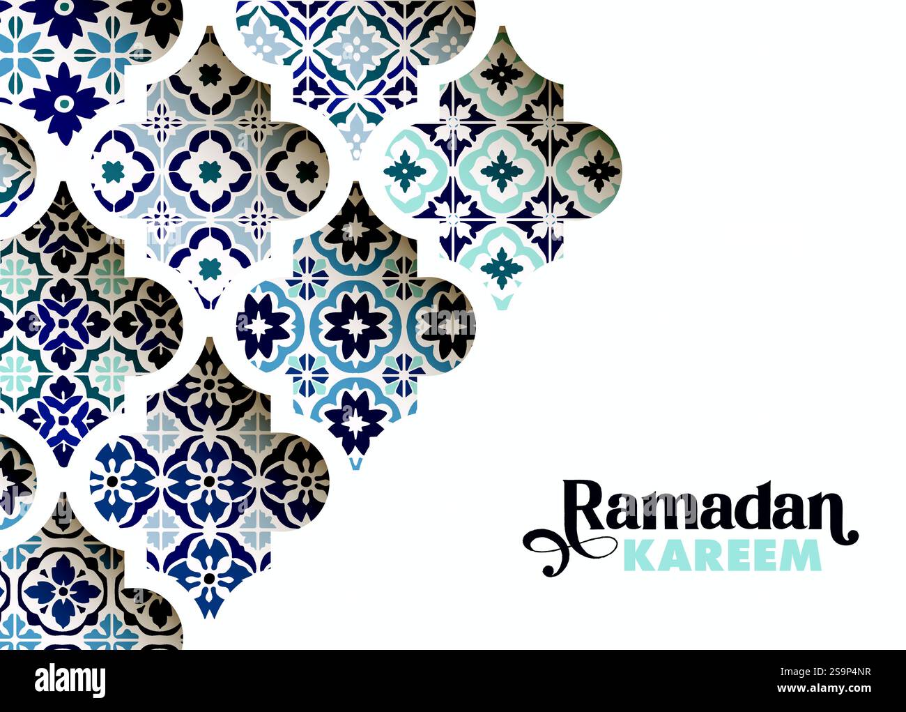 Blue ornamental arabic tiles, patterns through white mosque window ...