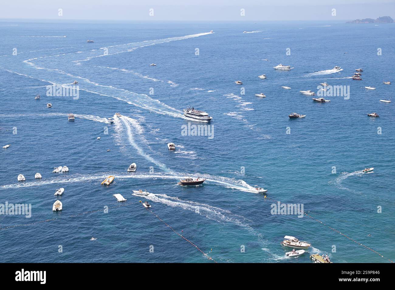 Aerial view of the sea with many boats leaving a white trail Stock ...