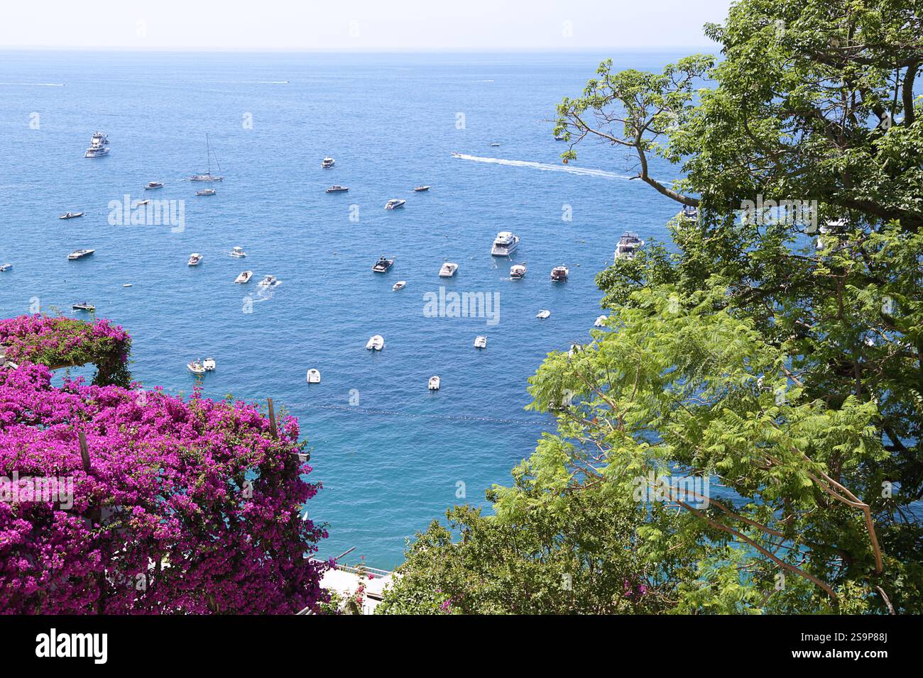 Aerial view of the sea with many boats leaving a white trail Stock ...