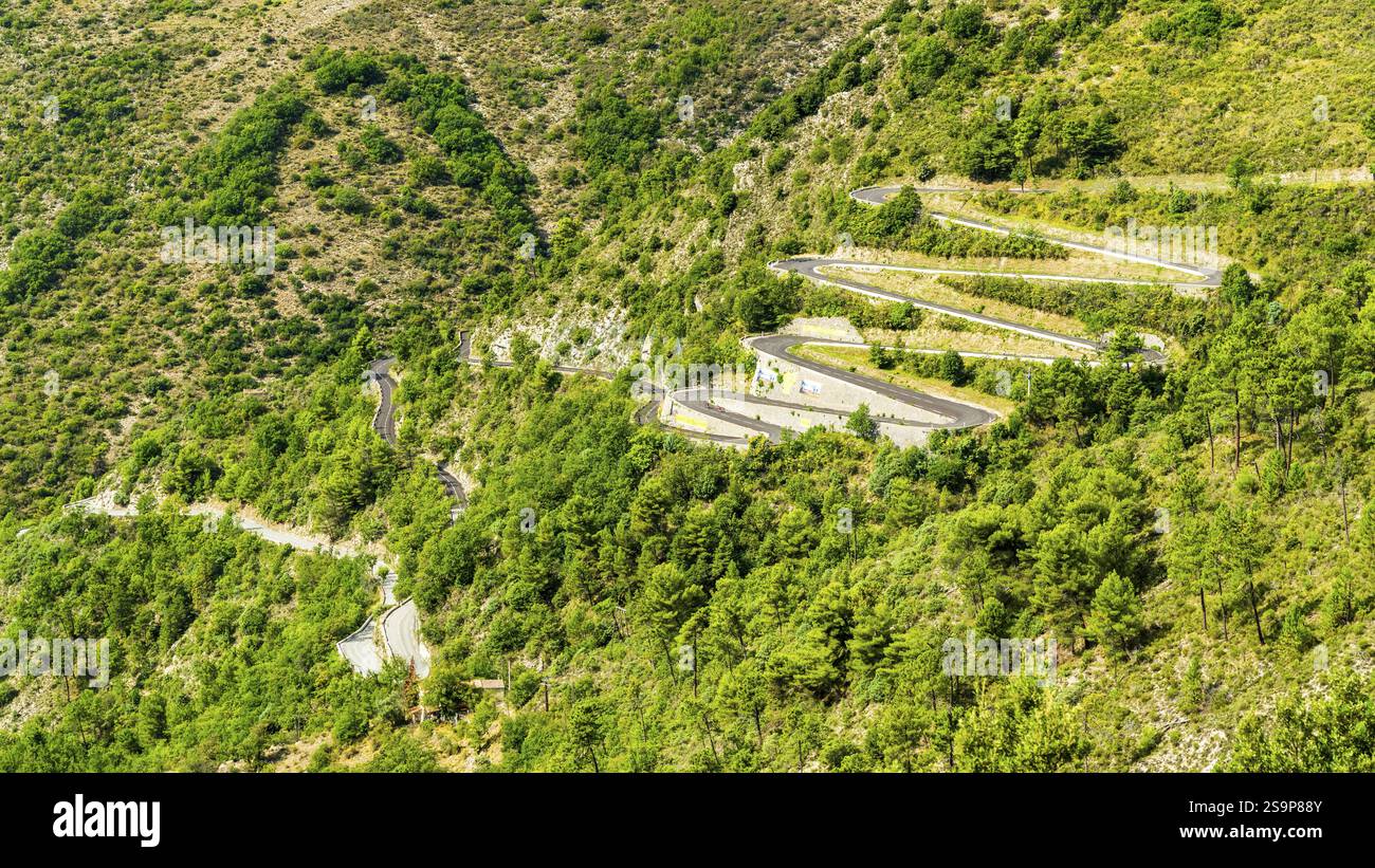 France, French Maritime Alps, Parc Naturel des PreAlpes d'Azur, Departement Alpes Maritimes, raod to pass Col de Braus, travel landscape nature Alps Stock Photo