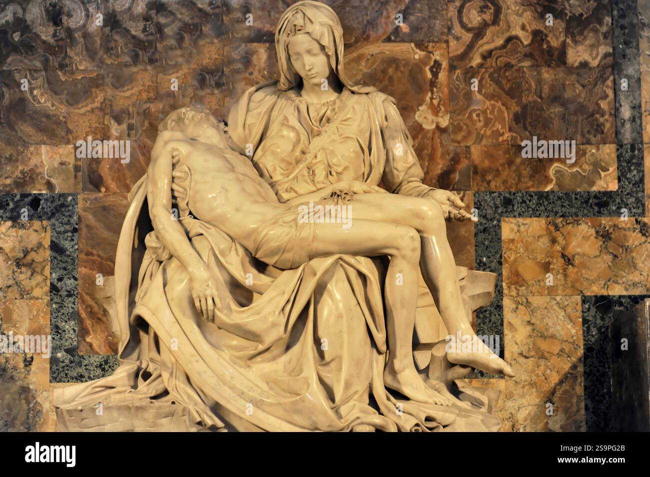 Pieta by Michelangelo, St Peter's Basilica, Vatican, Rome, Italy, Marble sculpture of the Pieta shows the mourning Madonna holding the body of Jesus Stock Photo